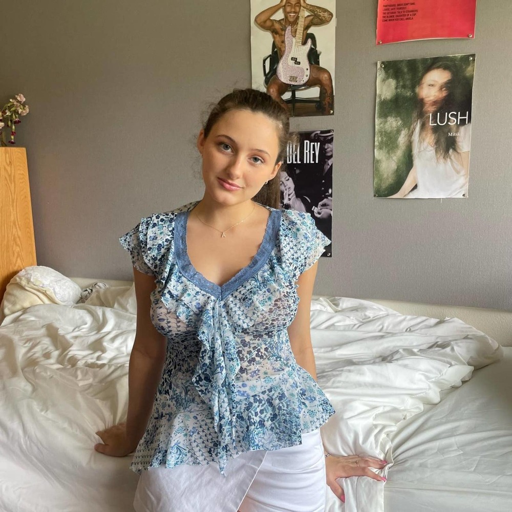 Vintage floral print mesh tank top in baby blue (S-M) - Picture 1 of 7